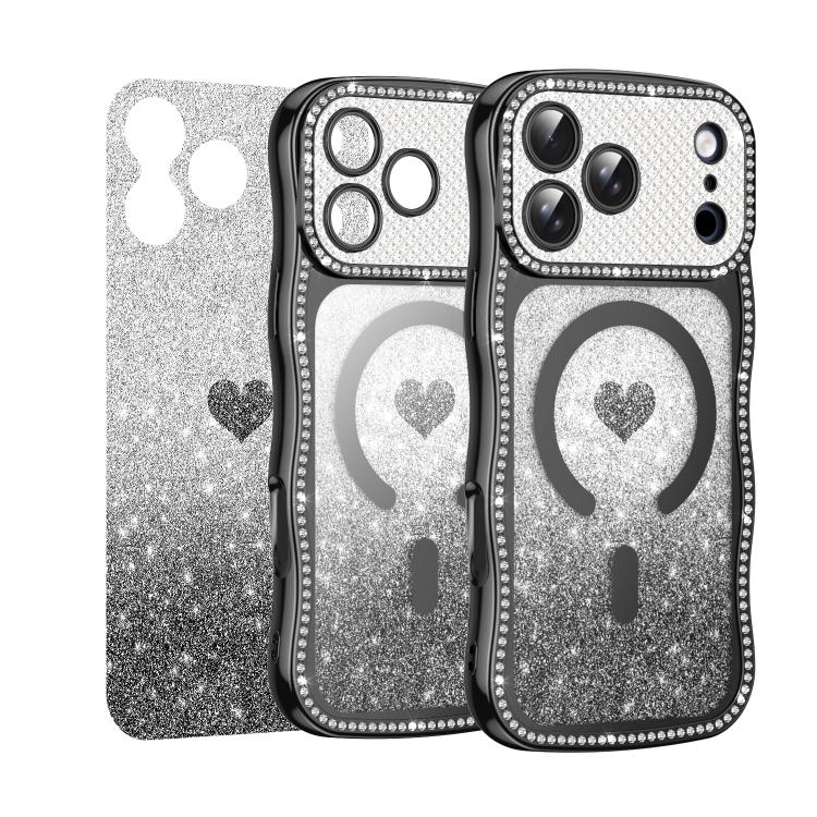 For iPhone 16 Pro Max Wavy Frame Star Diamond Electroplate TPU Glitter Heart Magnetic Phone Case