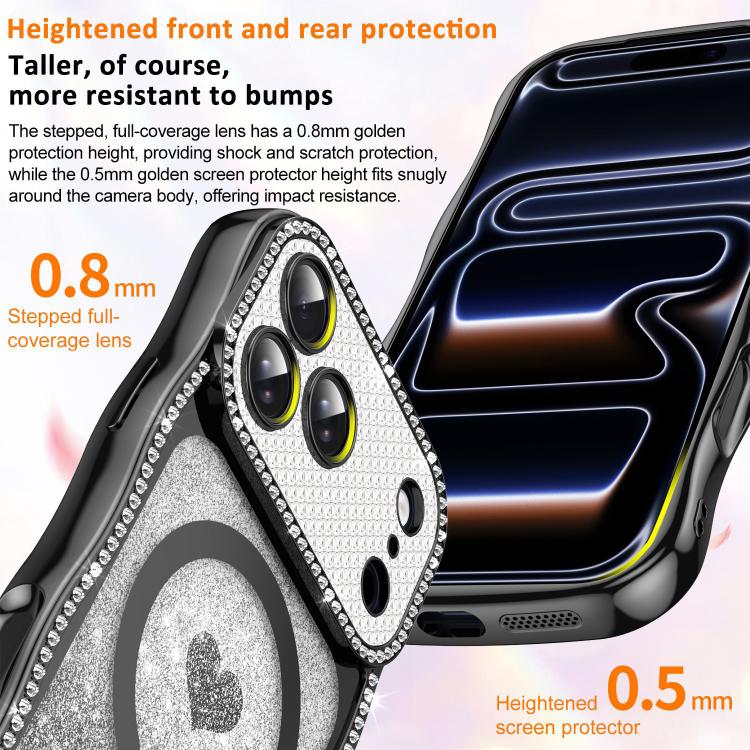 For iPhone 16 Pro Max Wavy Frame Star Diamond Electroplate TPU Glitter Heart Magnetic Phone Case