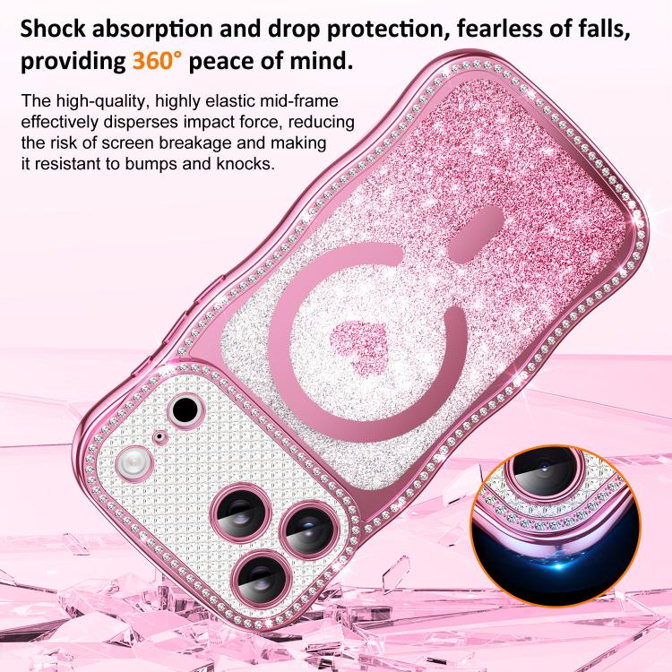 For iPhone 16 Pro Wavy Frame Star Diamond Electroplate TPU Glitter Heart Magnetic Phone Case