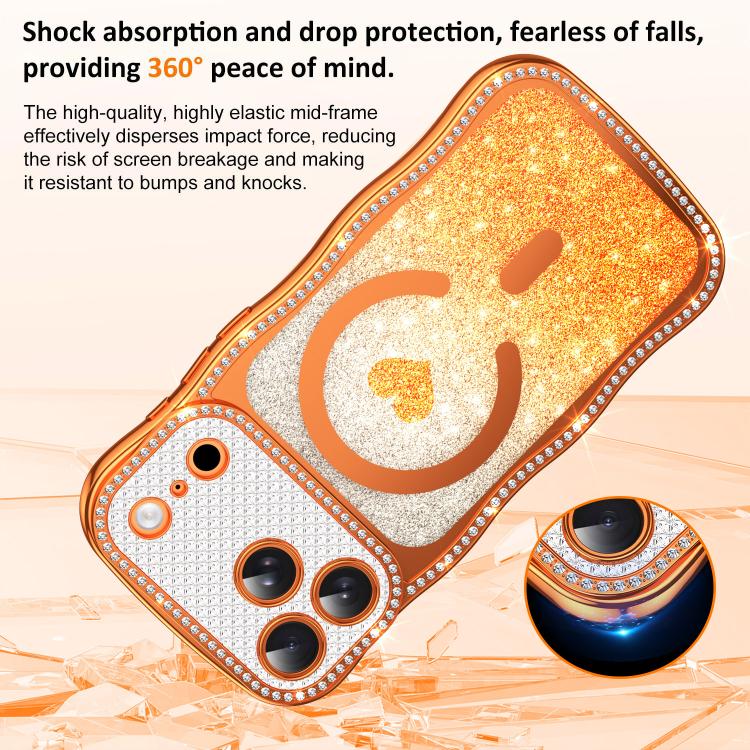 For iPhone 16 Pro Wavy Frame Star Diamond Electroplate TPU Glitter Heart Magnetic Phone Case
