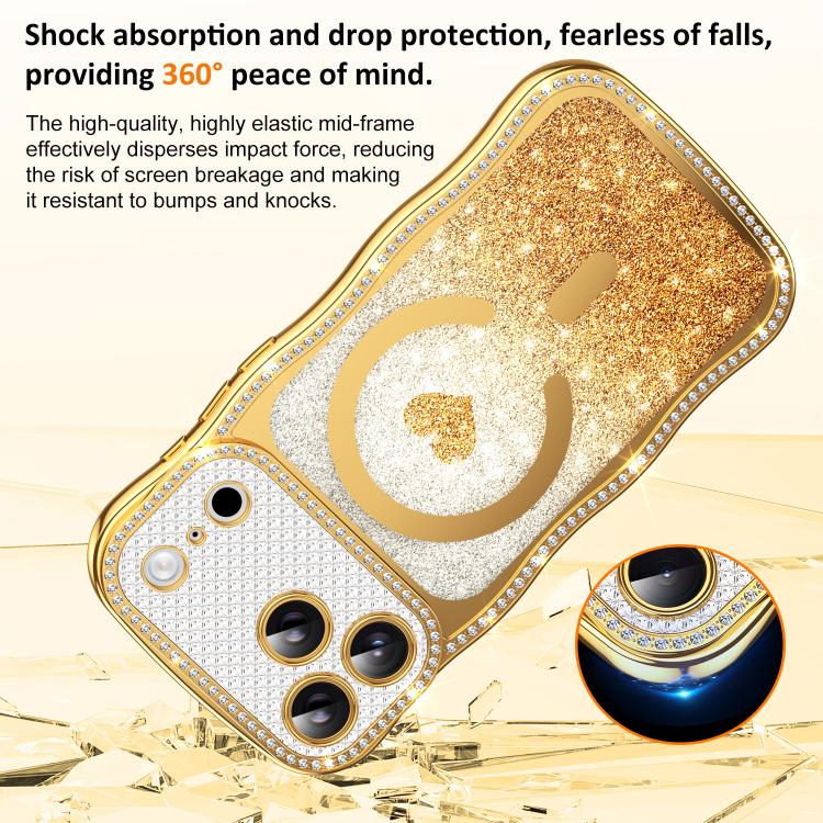 For iPhone 16 Pro Wavy Frame Star Diamond Electroplate TPU Glitter Heart Magnetic Phone Case