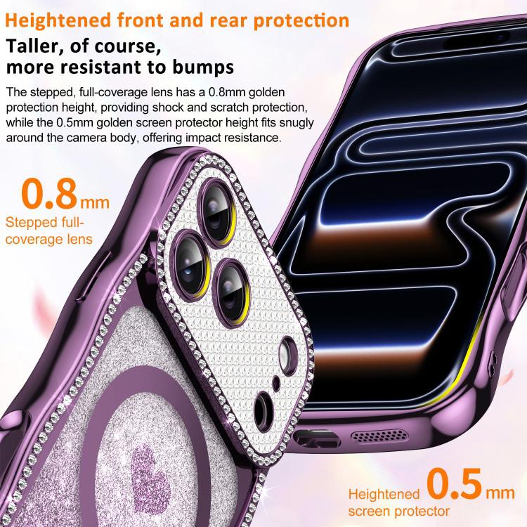 For iPhone 16 Pro Wavy Frame Star Diamond Electroplate TPU Glitter Heart Magnetic Phone Case
