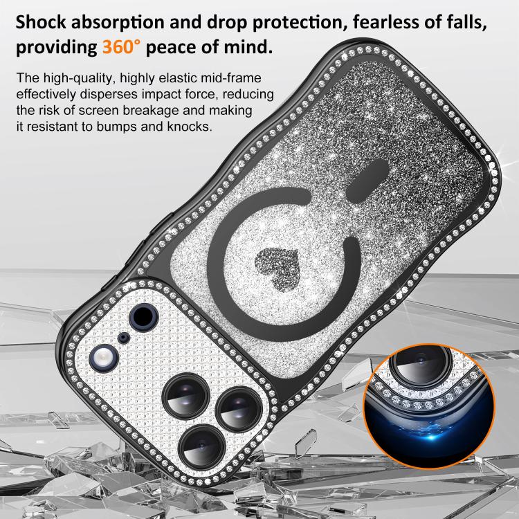 For iPhone 16 Pro Wavy Frame Star Diamond Electroplate TPU Glitter Heart Magnetic Phone Case