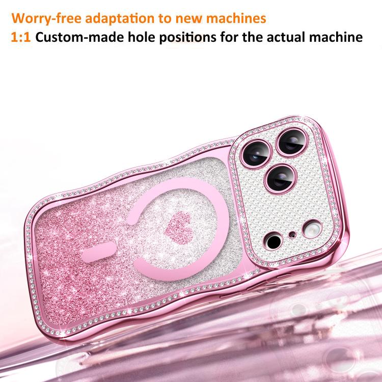 For iPhone 16 Wavy Frame Star Diamond Electroplate TPU Glitter Heart Magnetic Phone Case