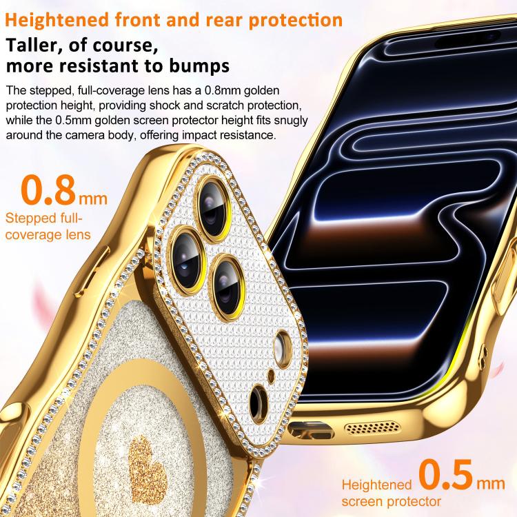 For iPhone 16 Wavy Frame Star Diamond Electroplate TPU Glitter Heart Magnetic Phone Case