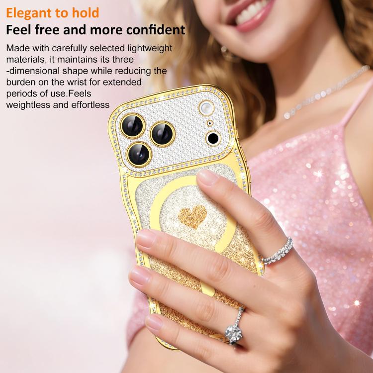 For iPhone 16 Wavy Frame Star Diamond Electroplate TPU Glitter Heart Magnetic Phone Case
