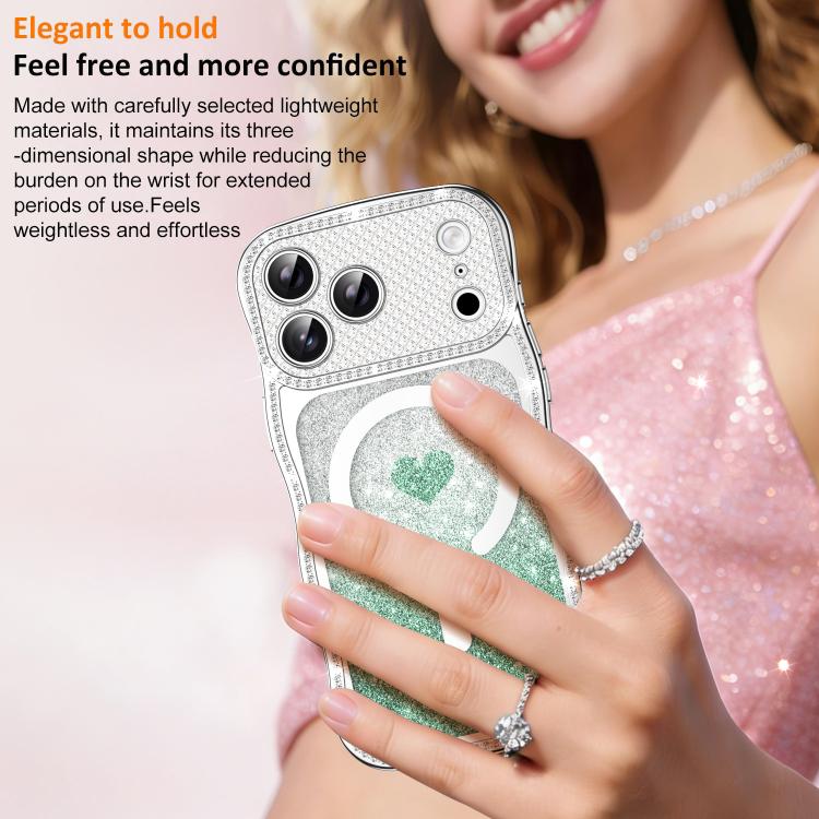For iPhone 16 Wavy Frame Star Diamond Electroplate TPU Glitter Heart Magnetic Phone Case