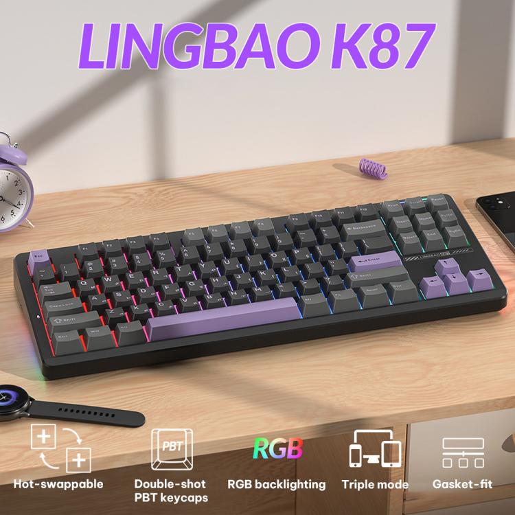 LINGBAO K87 Tri-Mode Hot Swap Mechanical Keyboard, Type:Black-Gray Wood Axis