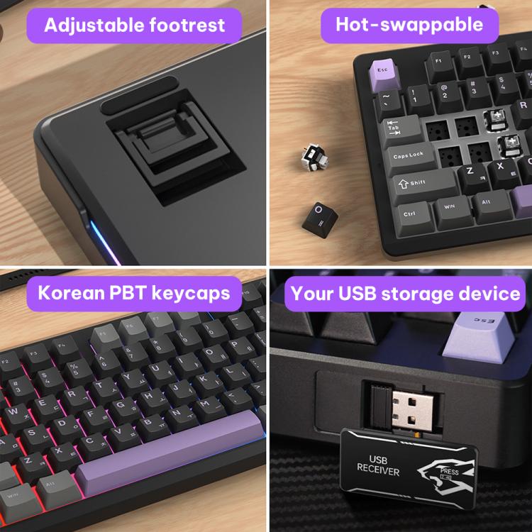 LINGBAO K87 Tri-Mode Hot Swap Mechanical Keyboard, Type:Black-Gray Wood Axis