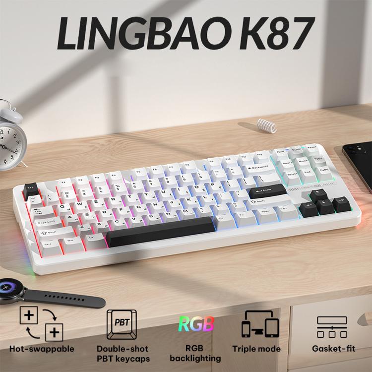 LINGBAO K87 Tri-Mode Hot Swap Mechanical Keyboard, Type:Black White-Gray Wood Axis