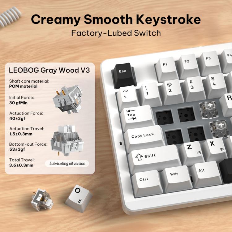 LINGBAO K87 Tri-Mode Hot Swap Mechanical Keyboard, Type:Black White-Gray Wood Axis