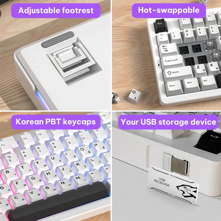 LINGBAO K87 Tri-Mode Hot Swap Mechanical Keyboard, Type:Black White-Gray Wood Axis