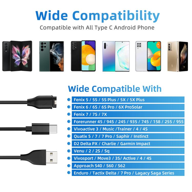 For Garmin Fenix 8 xDfind 2 in 1 USB to Type-C Charger Cable, Length: 1.2m - Black