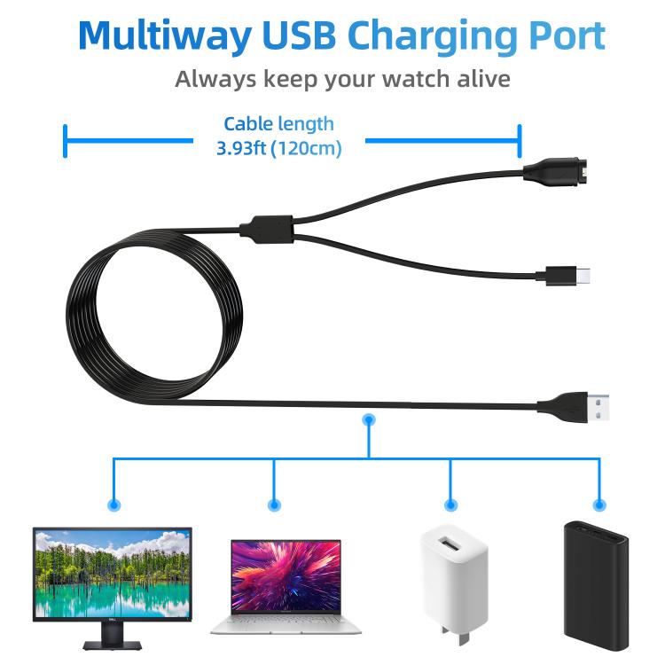 For Garmin Fenix 8 xDfind 2 in 1 USB to Type-C Charger Cable, Length: 1.2m - Black