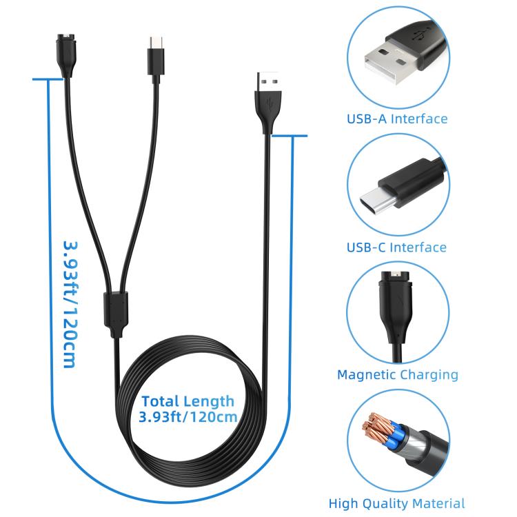 For Garmin Fenix 8 xDfind 2 in 1 USB to Type-C Charger Cable, Length: 1.2m - Black