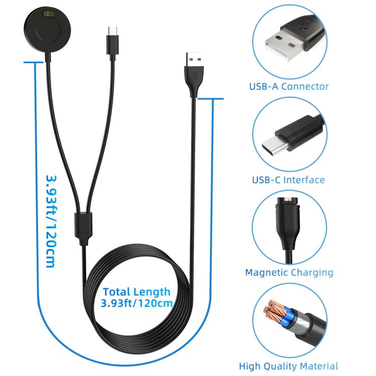 For Garmin Fenix 8 xDfind 2 in 1 USB to Type-C Integrated Watch Charging Base, Length: 1.2m - Black