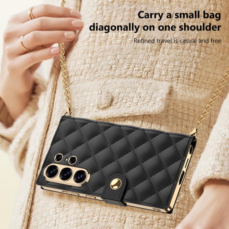 For Samsung Galaxy S26 Ultra 5G GKK Plating Diamond Texture Leather Phone Case With Crossbody Chain