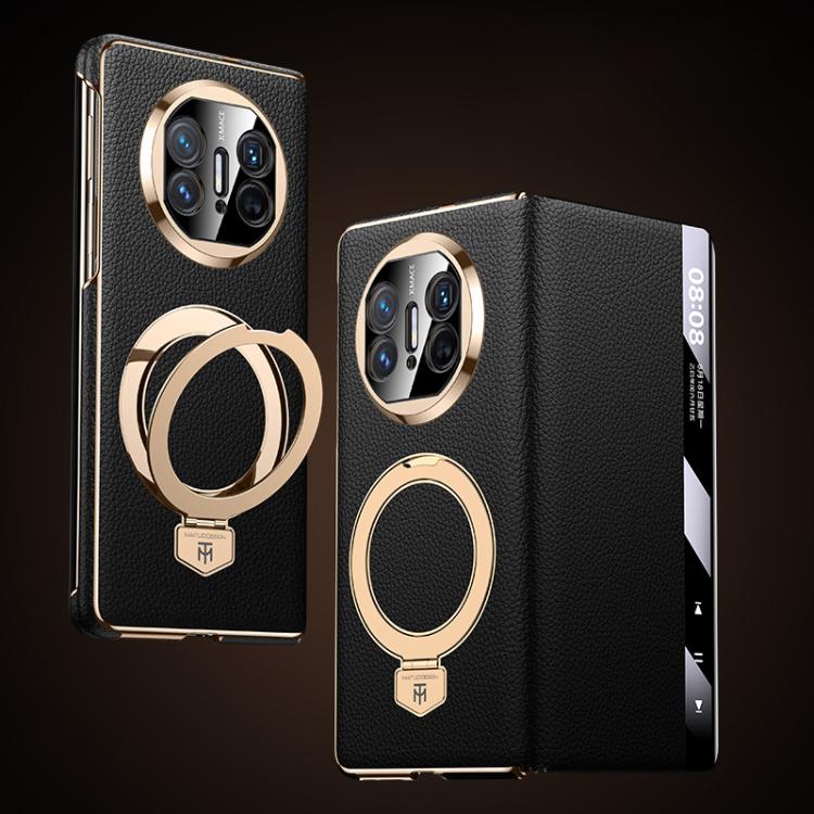 For Huawei Mate X3 Folding Genuine Leather Magnetic Holder Window Display Phone Case