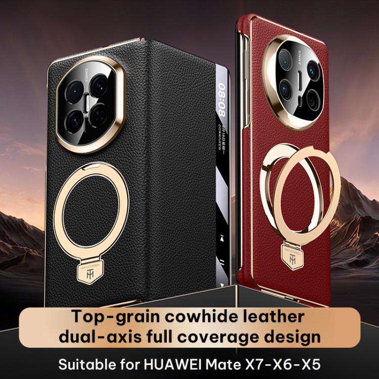 For Huawei Mate X6 Folding Genuine Leather Magnetic Holder Window Display Phone Case