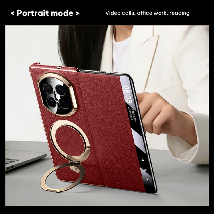 For Huawei Mate X6 Folding Genuine Leather Magnetic Holder Window Display Phone Case