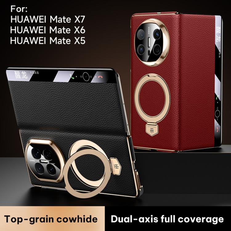 For Huawei Mate X6 Folding Genuine Leather Magnetic Holder Window Display Phone Case