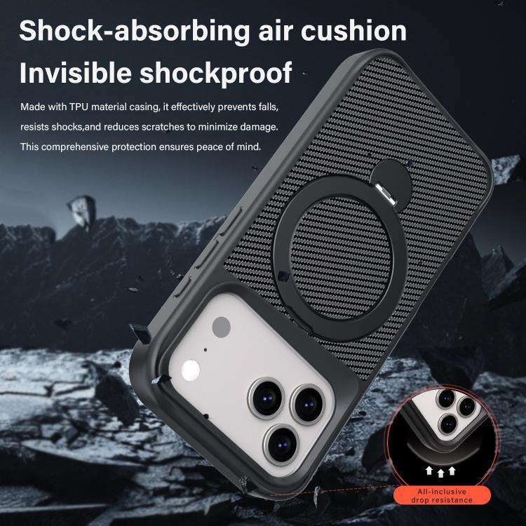 For iPhone 17 Pro Max Carbon Fiber Texture 360 MagSafe Holder Phone Case