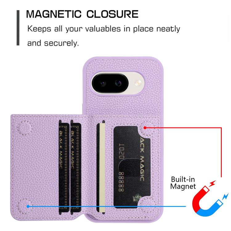 For Google Pixel 9a Litchi Pattern Magnetic Card Bag Holder Phone Case
