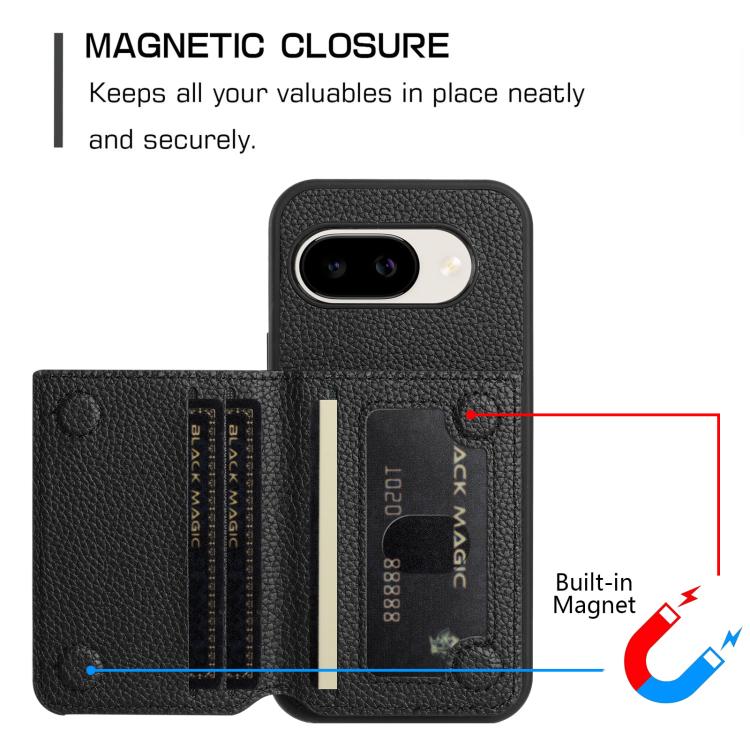 For Google Pixel 9a Litchi Pattern Magnetic Card Bag Holder Phone Case