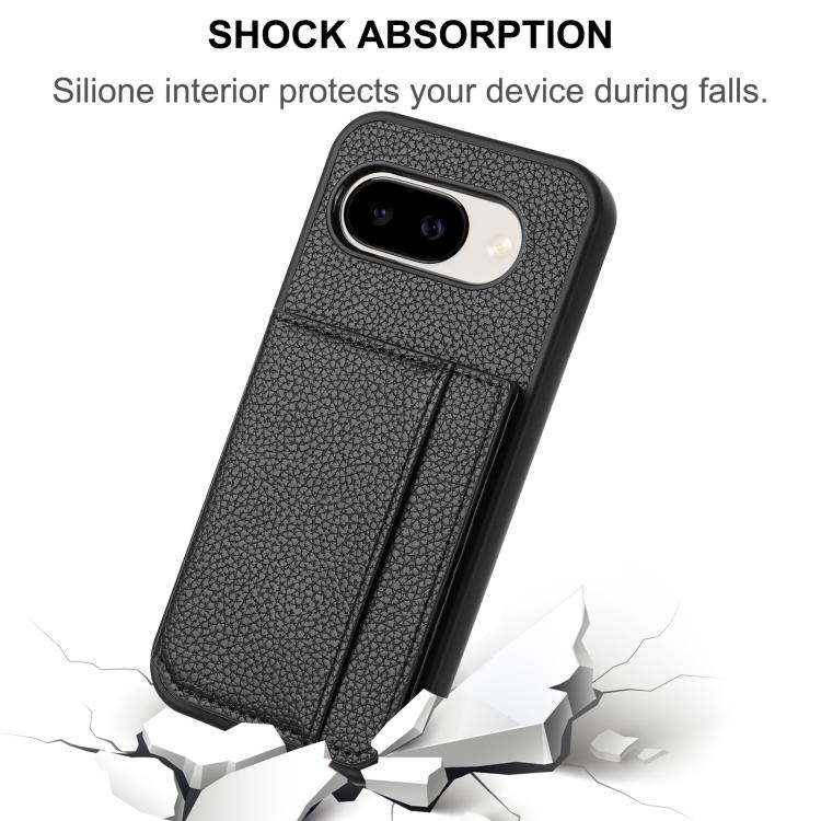 For Google Pixel 9a Litchi Pattern Magnetic Card Bag Holder Phone Case