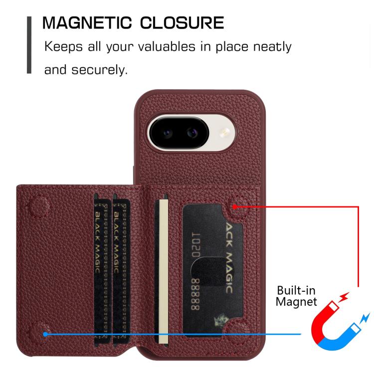 For Google Pixel 9a Litchi Pattern Magnetic Card Bag Holder Phone Case