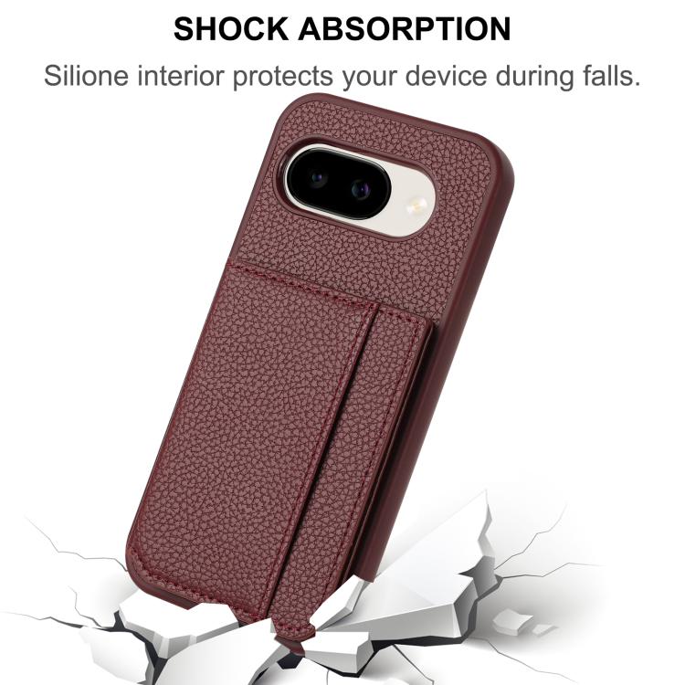 For Google Pixel 9a Litchi Pattern Magnetic Card Bag Holder Phone Case