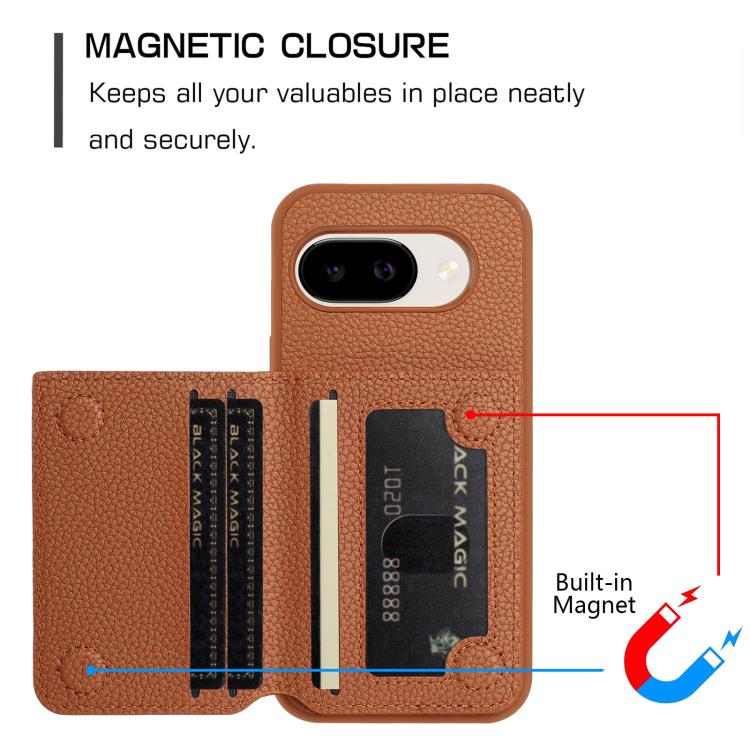 For Google Pixel 9a Litchi Pattern Magnetic Card Bag Holder Phone Case