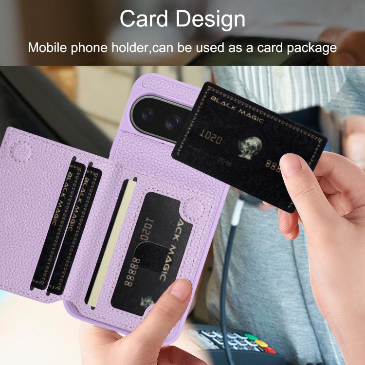 For Google Pixel 9 Litchi Pattern Magnetic Card Bag Holder Phone Case