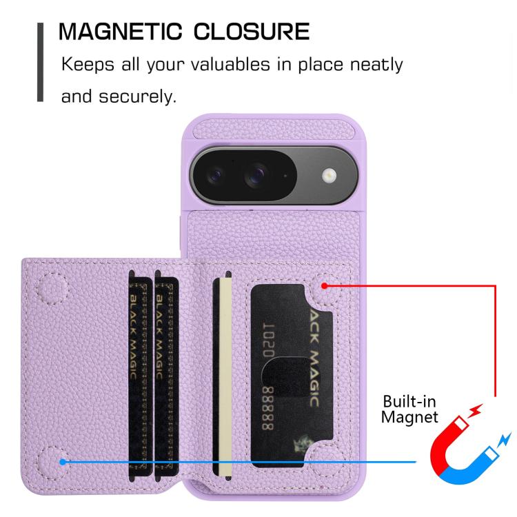 For Google Pixel 9 Litchi Pattern Magnetic Card Bag Holder Phone Case