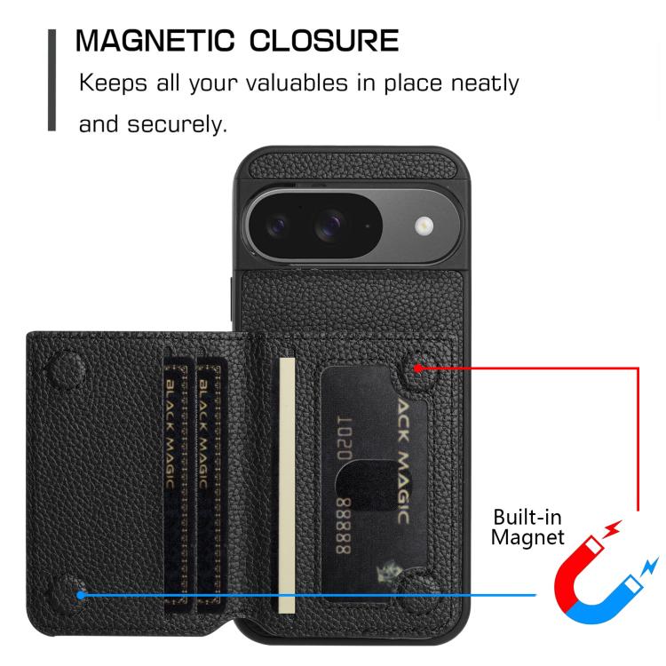 For Google Pixel 9 Litchi Pattern Magnetic Card Bag Holder Phone Case
