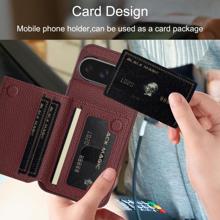 For Google Pixel 9 Litchi Pattern Magnetic Card Bag Holder Phone Case