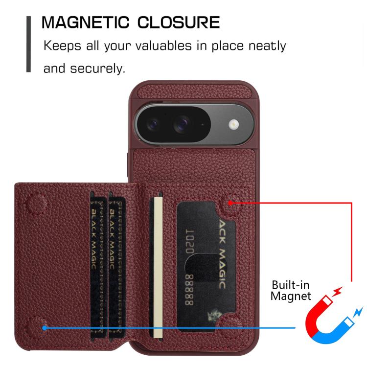 For Google Pixel 9 Litchi Pattern Magnetic Card Bag Holder Phone Case