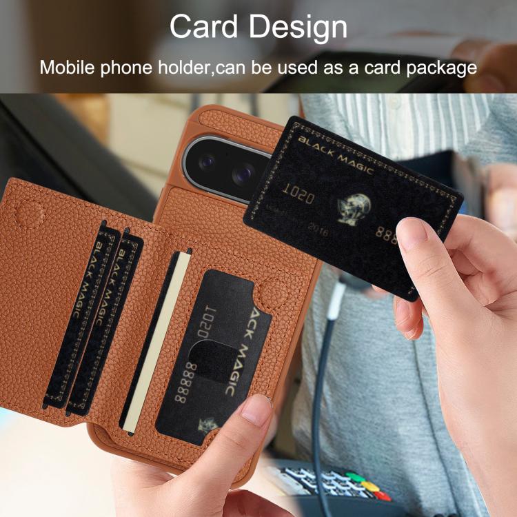 For Google Pixel 9 Litchi Pattern Magnetic Card Bag Holder Phone Case