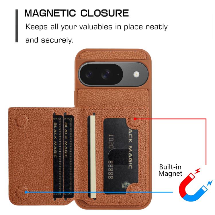 For Google Pixel 9 Litchi Pattern Magnetic Card Bag Holder Phone Case