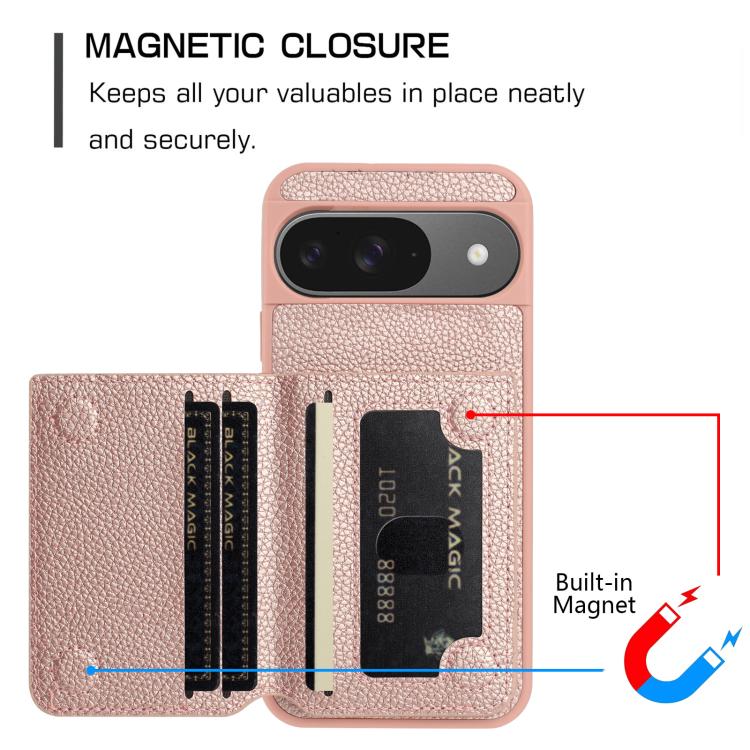 For Google Pixel 9 Litchi Pattern Magnetic Card Bag Holder Phone Case
