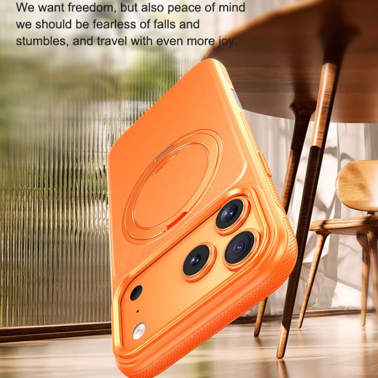 For iPhone 17 Pro Leather Texture 360 Degrees Rotating Magnetic Holder Phone Case