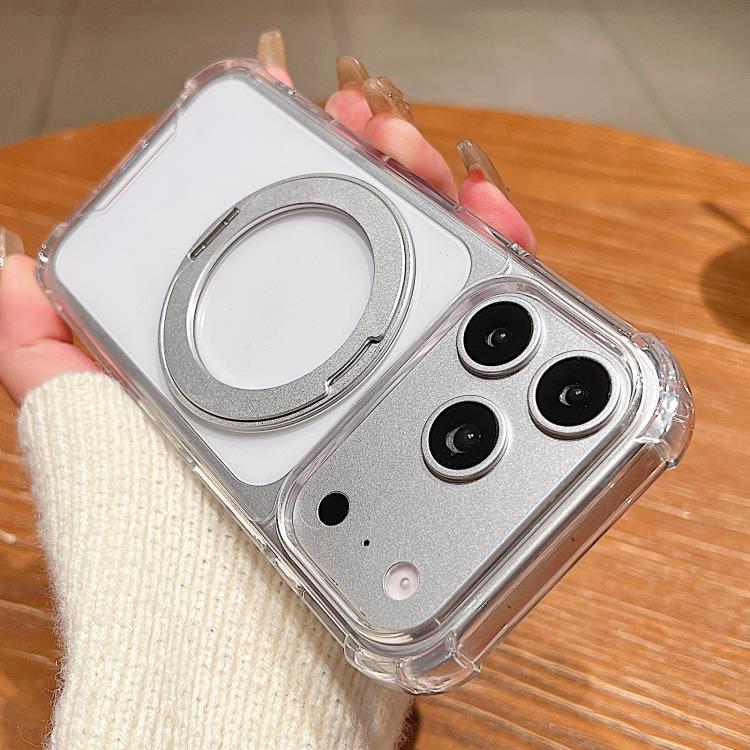 For iPhone 17 Pro Four Corner Shockproof Space Magnetic Phone Case with 360 Degrees Rotating Holder - Transparent