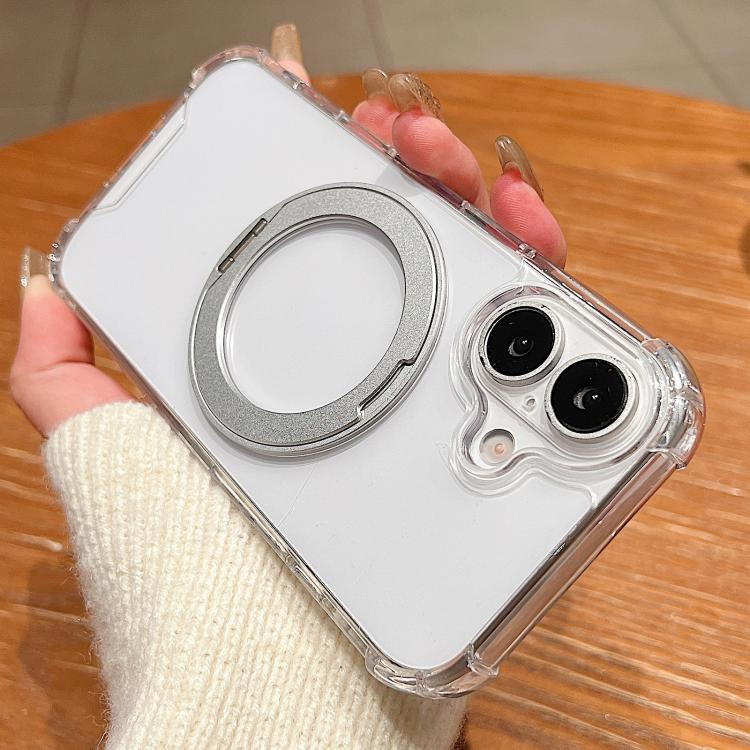 For iPhone 16 Plus Four Corner Shockproof Space Magnetic Phone Case with 360 Degrees Rotating Holder - Transparent