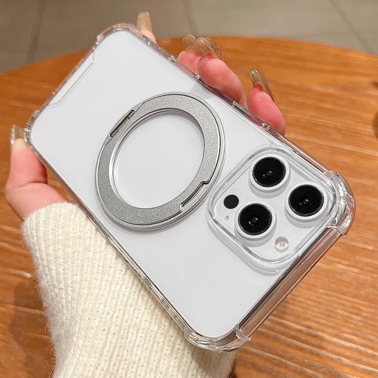 For iPhone 14 Pro Max Four Corner Shockproof Space Magnetic Phone Case with 360 Degrees Rotating Holder - Transparent