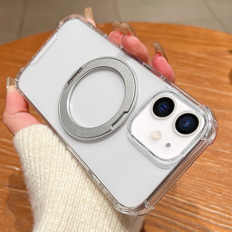 For iPhone 12 / 12 Pro Four Corner Shockproof Space Magnetic Phone Case with 360 Degrees Rotating Holder - Transparent