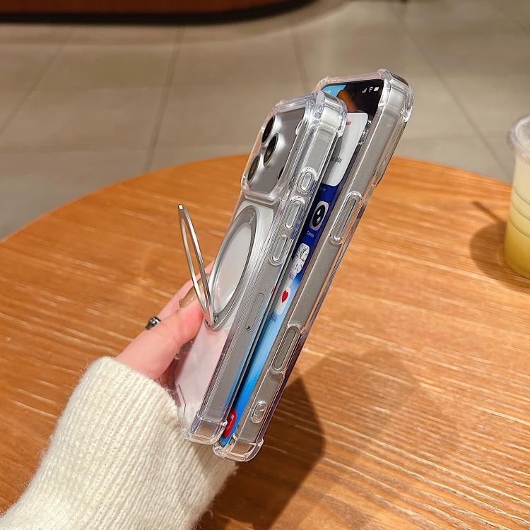 For iPhone 16 Pro Max Four Corner Shockproof Space Magnetic Phone Case with 360 Degrees Rotating Holder - Transparent