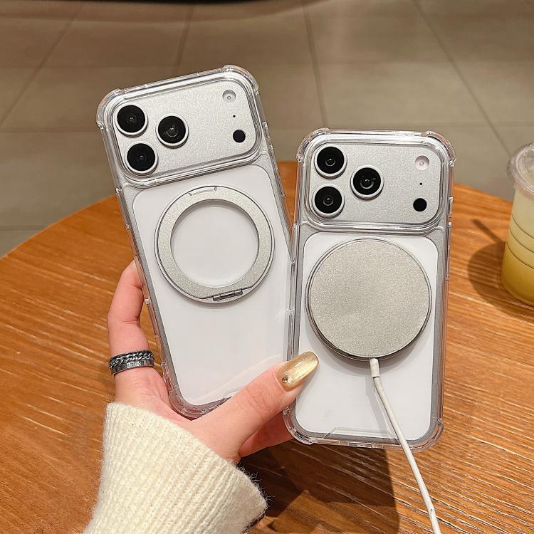 For iPhone 17 Four Corner Shockproof Space Magnetic Phone Case with 360 Degrees Rotating Holder - Transparent