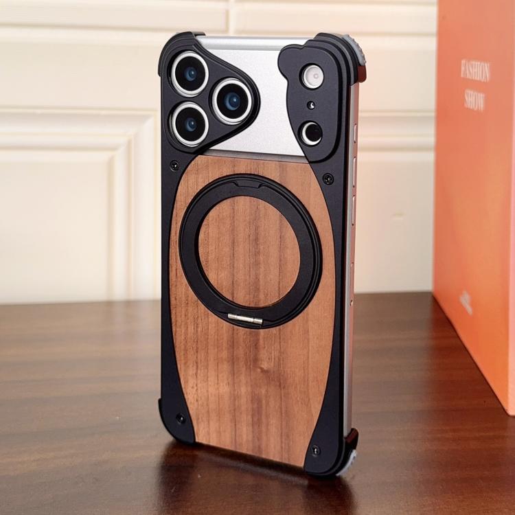 For iPhone 17 Pro Max Walnut Metal Frameless 360 Degree Rotation Holder MagSafe Phone Case