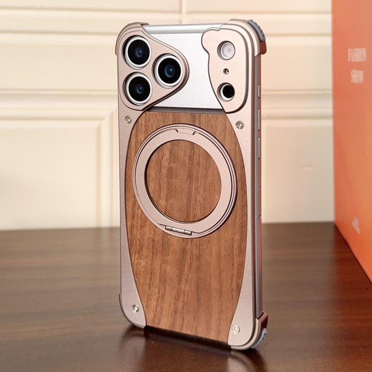 For iPhone 17 Pro Max Walnut Metal Frameless 360 Degree Rotation Holder MagSafe Phone Case