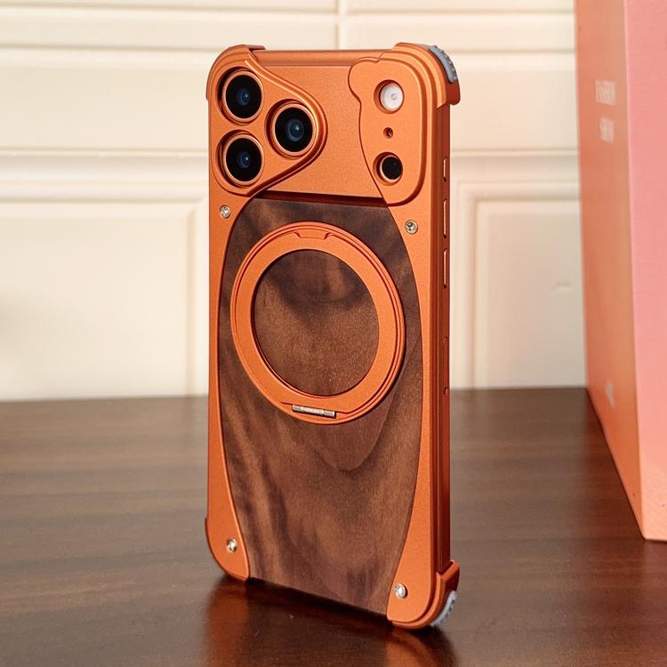 For iPhone 17 Pro Max Walnut Metal Frameless 360 Degree Rotation Holder MagSafe Phone Case